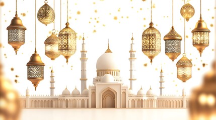Elegant mosque and ornate lanterns create a festive and celebratory atmosphere for Islamic holidays