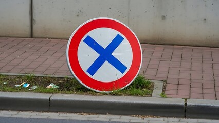 A round road sign with a blue X on a red and white background leaning against a curb on a brick sidewalk.