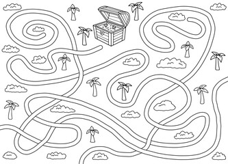 Fototapeta premium Treasure maze graphic black white sketch illustration vector 