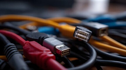 A close up view of a tangled mess of various colorful electronic cables and connectors showcasing intricate details and connections