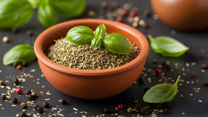 Terracotta pot of basil and herbs on a dark surface