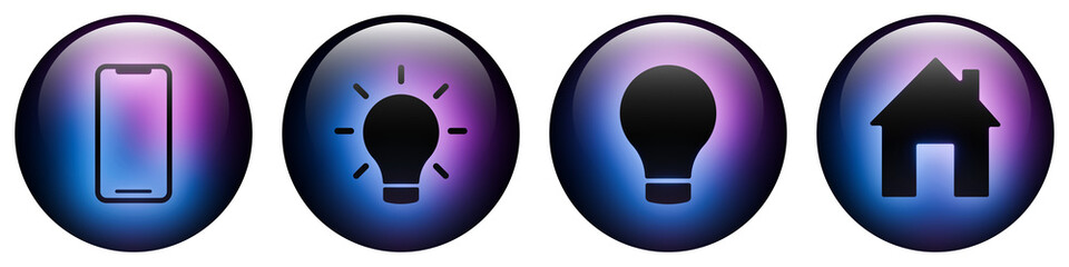 Glass round button icons featuring Smart Home symbols with Blue and Purple Neon Glow. Smartphone, House, and Idea Bulb icon pack.