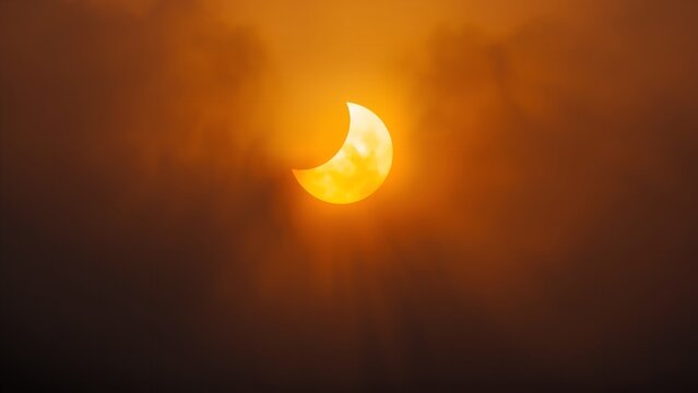 A partial solar eclipse with the sun shining through dark clouds in the sky