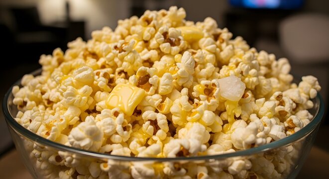 Deliciously buttery theater style popcorn overflowing from a clear glass bowl ready for movie night entertainment enjoyment