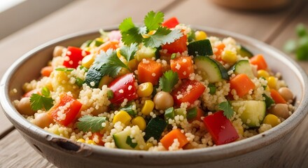 Brightly colored and nutritious vegetable couscous salad featuring diced carrots zucchini corn peppers and chickpeas served in a rustic bowl.