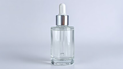 Clear glass dropper bottle filled with a liquid, set against a soft, neutral background