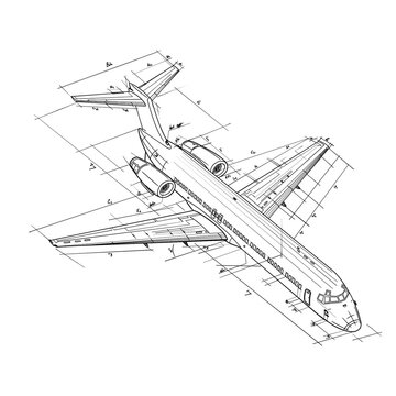 Passenger plane sketch. Outline blueprint of civil aircraft. Top view of commercial jet. Industrial aviation drawing. Airplane technical diagram