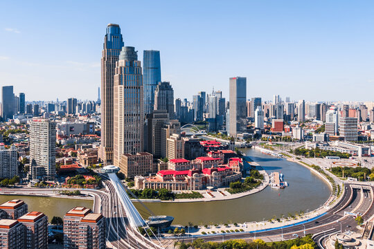 The skyline of Chifeng Bridge and Jinwan Square CBD in Tianjin, China