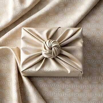 Elegant cloth background featuring furoshiki style fabric wrapped gift placed on side with premium empty center