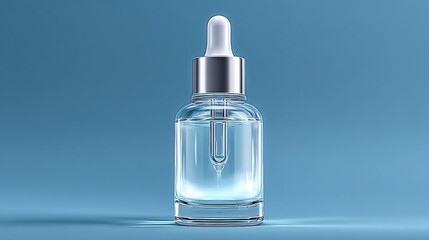 Clear glass dropper bottle with serum against a soft blue background, emphasizing skincare