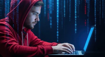 Digital Fortress: A hooded figure intently focused on a laptop, surrounded by a captivating digital display of binary code, revealing the modern era of cyber technology.