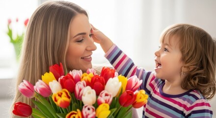 Mother's Day Bouquet: Capturing a touching moment where a young child tenderly reaches out to their mother, who is holding a vibrant bouquet of tulips. It is perfect illustration of love.
