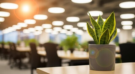 Zen Office Ambiance: A close-up view of a vibrant plant placed on a table in an office, fostering a serene and focused work environment.