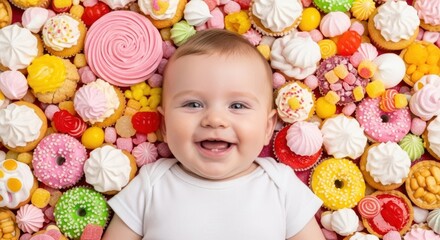 Sweet Embrace: A joyful baby surrounded by an assortment of colorful sweets, capturing a moment of pure bliss and innocent delight.