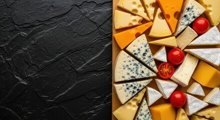 Cheese Variety: An overhead view showcases an artful arrangement of various cheese types, offering a sensory feast for food enthusiasts.