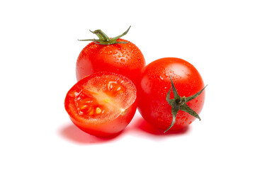 Fresh Red Cherry Tomatoes With Water Drops Isolated On White Background
