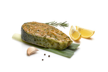 Raw Fish Steak With Green Marinade Lemon And Rosemary On White Background