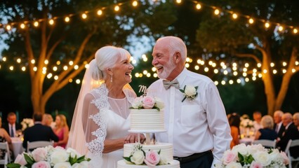 Golden Years of Joy: A radiant older couple shares a joyous moment, their love and connection shining brightly on their wedding day, surrounded by the warm glow of festive lights and blooming flowers.