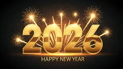 Happy new year 2026 golden text with sparkling fireworks bursting against black background perfect for seasonal greetings festive celebrations and holiday announcements