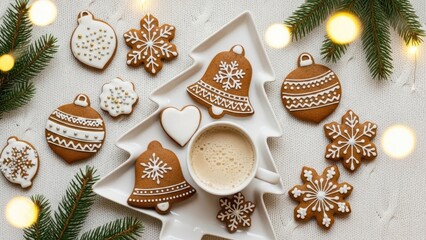 Festive Gingerbread Delights: A collection of meticulously crafted gingerbread cookies, adorned with intricate designs, are artfully arranged alongside a warm cup of coffee.