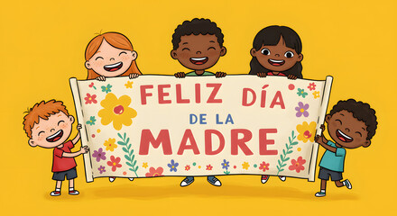 Joyful children holding a brightly decorated banner to celebrate Mother's Day with love and appreciation