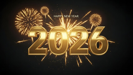 New year 2026 celebration background featuring large shiny 3d golden numerals against black backdrop with sparkling fireworks and glowing particles creating festive luxury holiday atmosphere