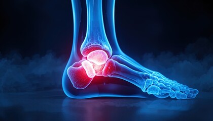 Human ankle joint with highlighted pain area in blue and red