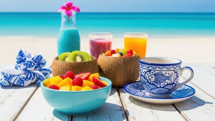 Tropical Refreshments: A vibrant collection of fresh fruit and refreshing drinks, presented in a beachside setting. The image evokes a sense of tropical bliss and healthy living.