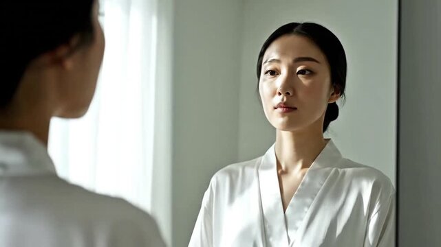 Cinematic 8K footage showing a reflective moment in front of a mirror, emphasizing self-awareness and introspection. Soft lighting and minimal composition highlight the concept of reflection, identity