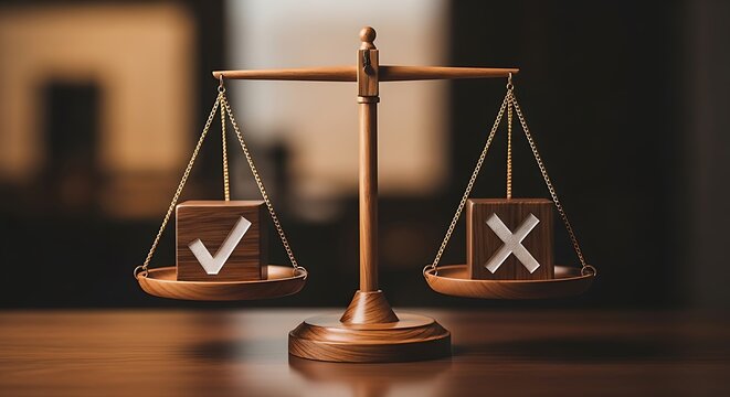 A wooden balance scale contrasts a checkmark block against an X mark block symbolizing choice, decision-making, and the importance of ethical evaluation.