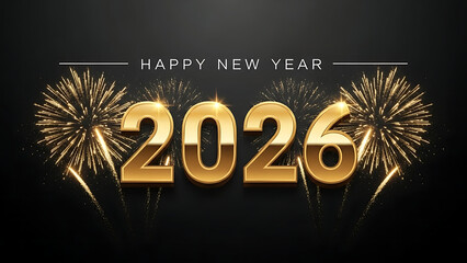 A festive new year 2026 greeting card with golden text 'happy new year' above bold golden numbers '2026', flanked by sparkling golden fireworks on a dark background, celebrating holiday season