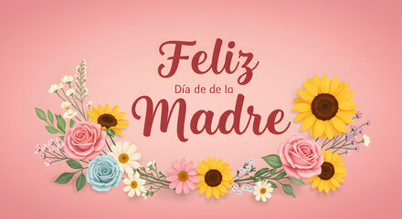 Vibrant Mother's Day banner featuring an elegant floral wreath with colorful blossoms and a heartfelt greeting on a soft pink background, ideal for celebrating moms