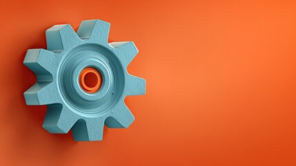 Close-up of a blue gear on an orange background, showcasing industrial design and creativity