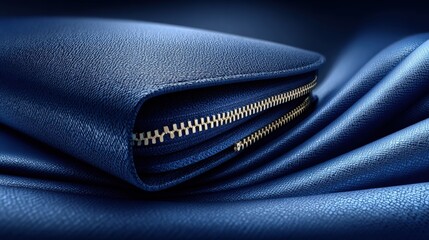 Close-up of a blue leather wallet on a silky fabric background, showcasing its texture and design