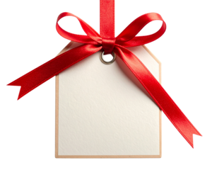 - Firefly_Plain gift tag with red ribbon front flat isolated transparent background photo PNG