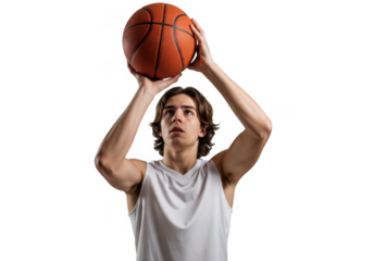 Young basketball player shooting a ball isolated on transparent background
