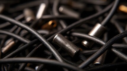 ro view of a jumbled pile of black wires intricately intertwined with metallic and brass connectors showcasing detailed textures and connectivity