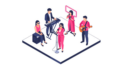 Isometric band performing with instruments on stage in modern style