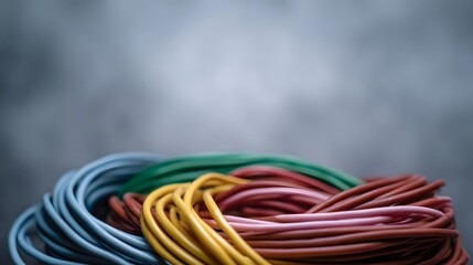 A close up view of a tangled bundle of colorful electrical wires against a blurred grey background