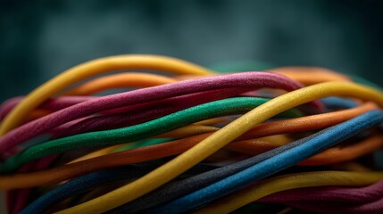 Tangled bundle of colorful electrical cords and cables in a close up ro view with vibrant hues against a dark blurred background