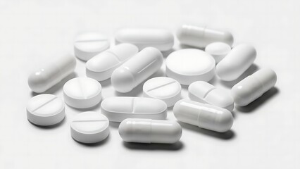 A collection of white pills and capsules scattered on a clean surface