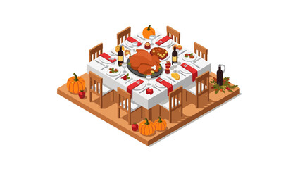 Festive thanksgiving dinner table with turkey and seasonal decorations in isometric style
