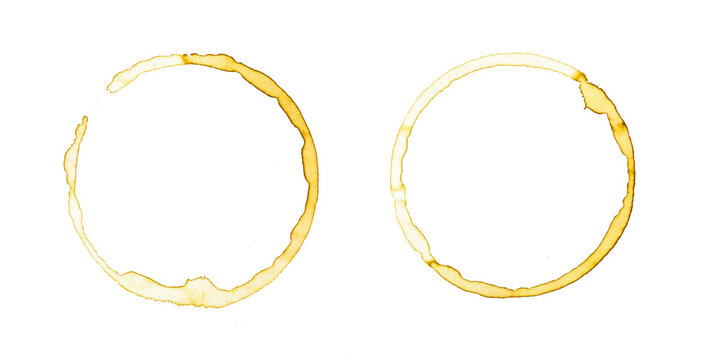 Collection of a circle from the bottom cup- real coffee water paint on white paper in many strokes and technique of a brush. Illustration aroma beverage brush as coffee art isolated PNG file