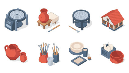 Isometric pottery studio with equipment and clay crafts