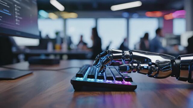 A robotic hand with chrome fingers types on an illuminated keyboard in a modern office, symbolizing the future of work and AI automation
