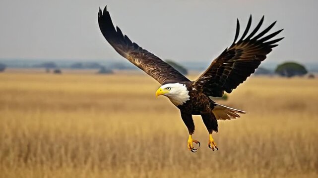 Bald eagle swooping down over open field with outstretched wings