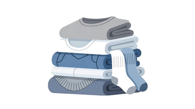A flat illustration depicts a stack of folded clothing items. A folded grey sweater tops the stack, with white and blue clothes beneath. Blue socks