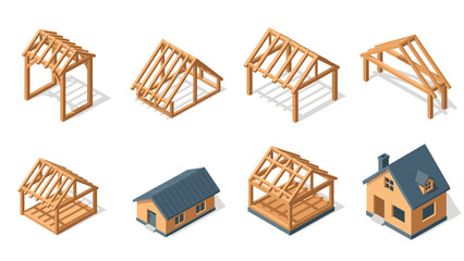 Isometric roof construction stages: wooden frames to finished house