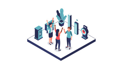 Isometric team celebration in modern office environment