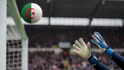 Algerian flag football soaring towards the goal defended by a skilled goalkeeper in a thrilling